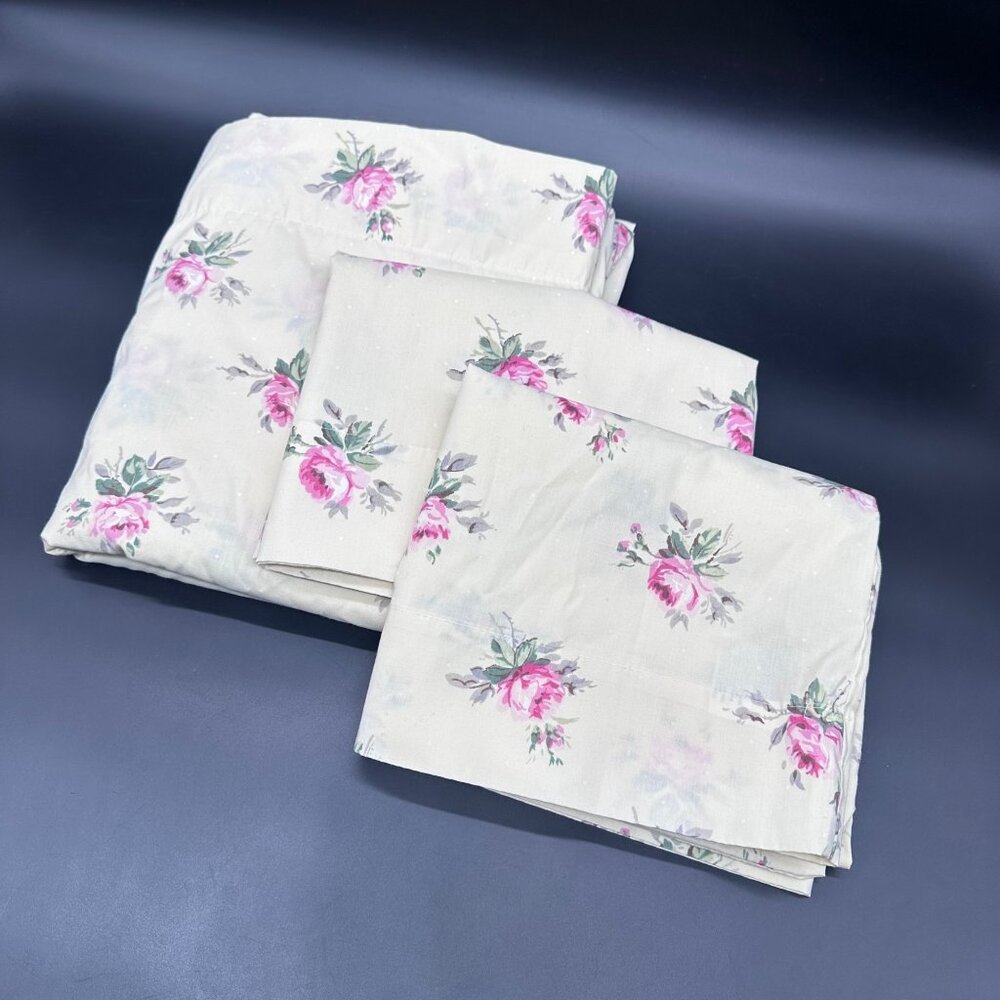 Vintage Full Flat Sheet 2 Pillowcases Floral 1980s Lady Pepperell USA Pink Rose